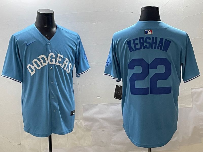 Men Los Angeles Dodgers 22 Kershaw Light Blue Joint Name 2025 Nike MLB Jersey style 13